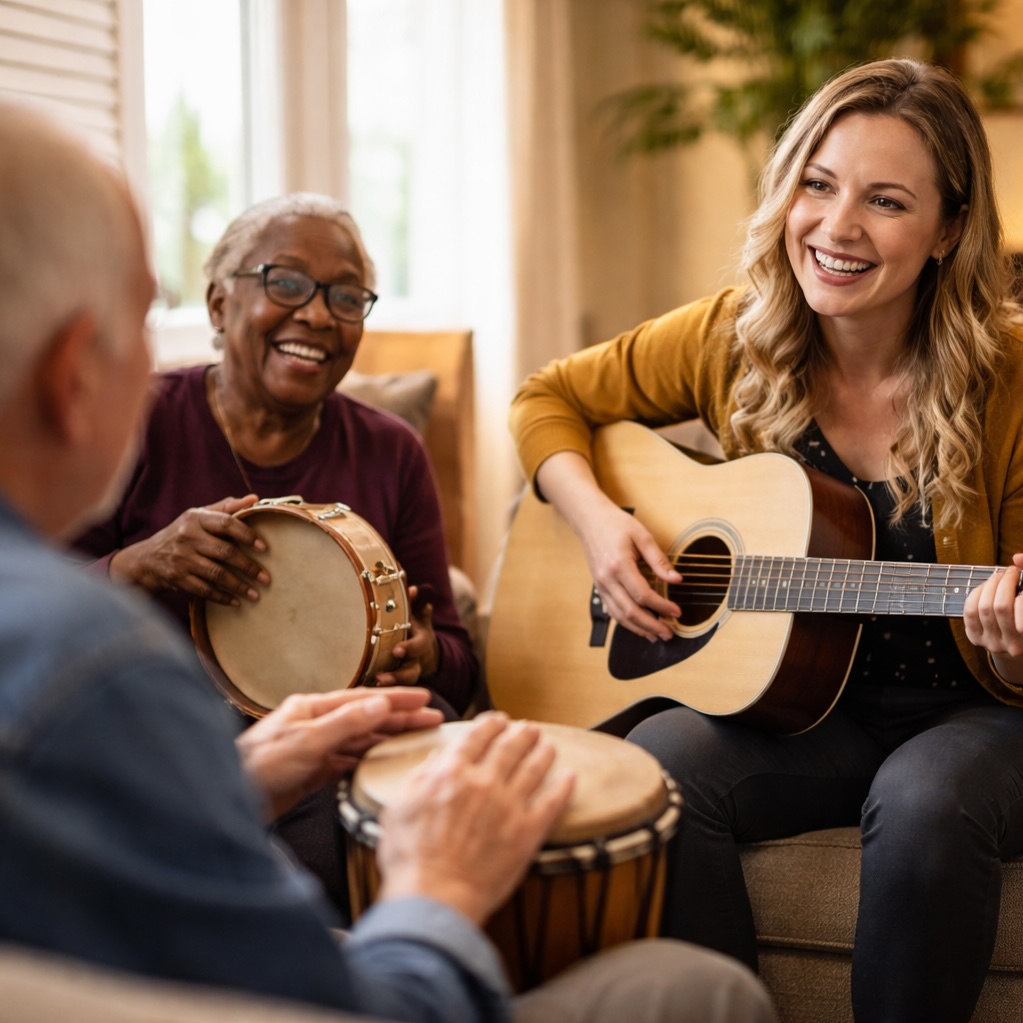 A music therapist with a guitar smiles at an older man playing a bongo drum while an older woman plays a tambourine.