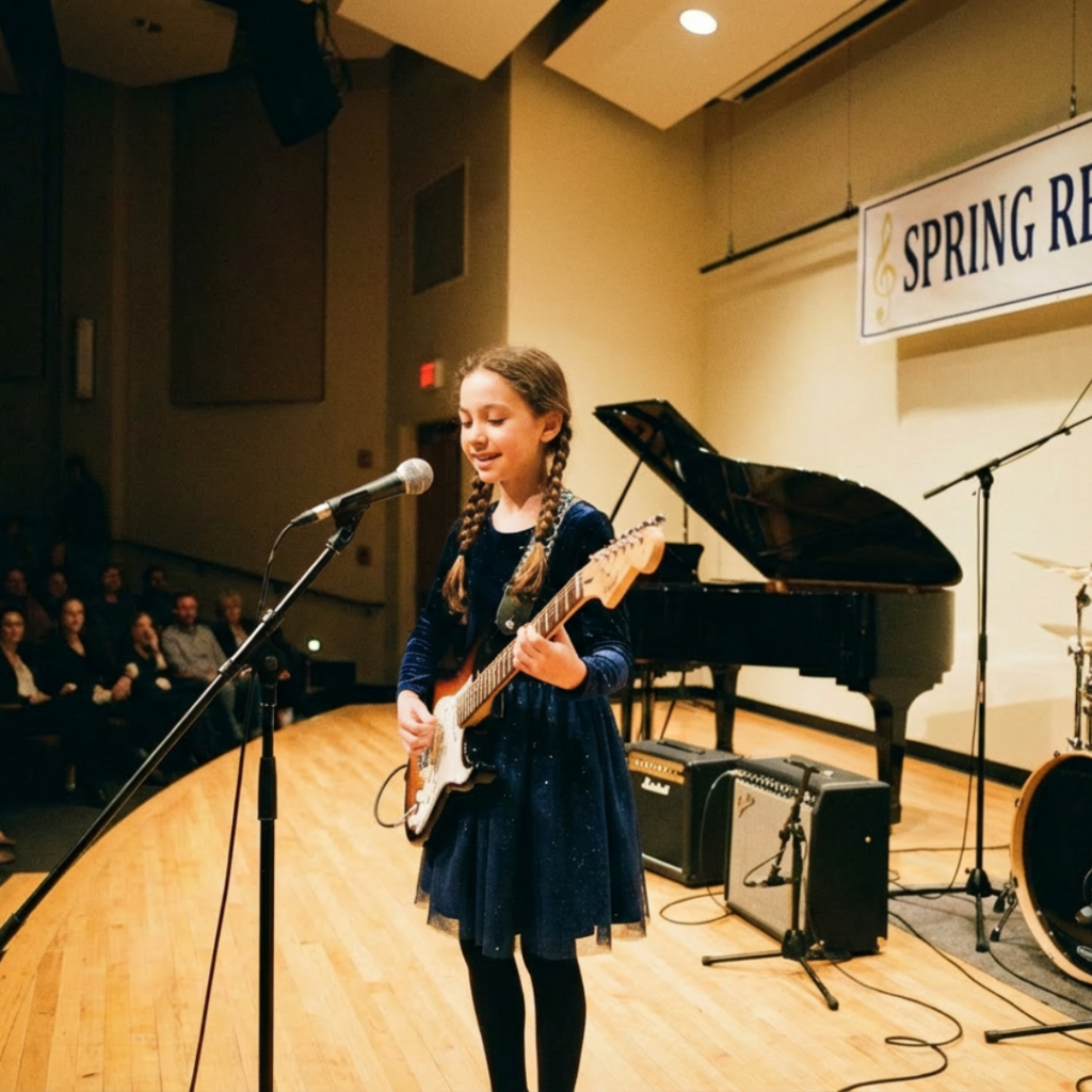 Young girl performing on a stage with an electric guitar