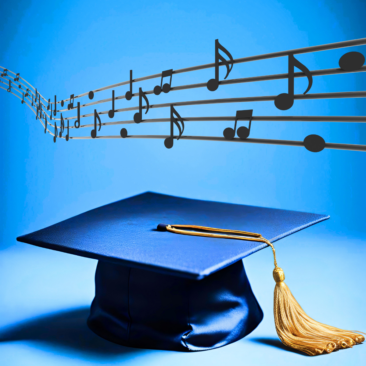 A graduation cap and tassel with a music staff floating above