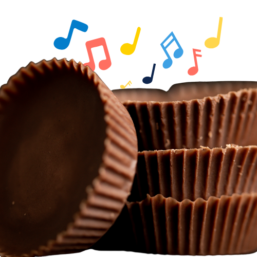 Stack of peanut butter cups with music notes floating behind them